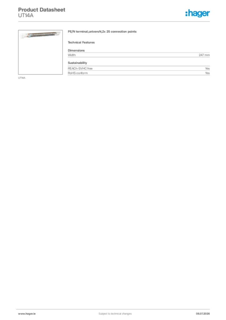 Image Hager Product data sheet UT14A  | Hager