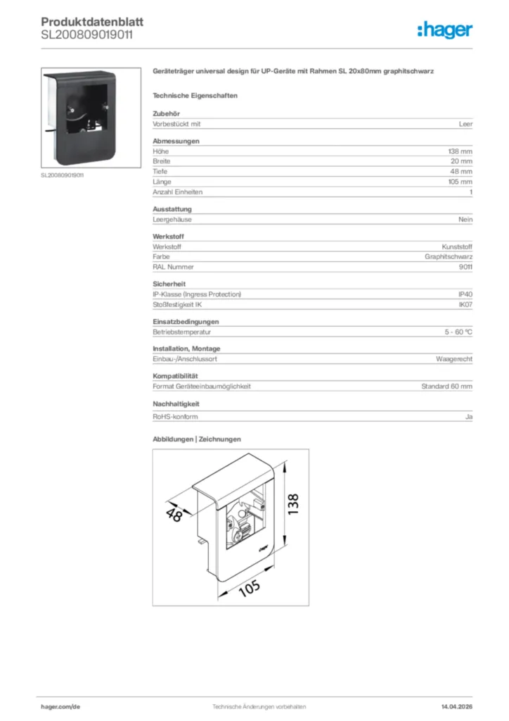 Bild Hager Produktdatenblatt SL200809019011 | Hager Deutschland