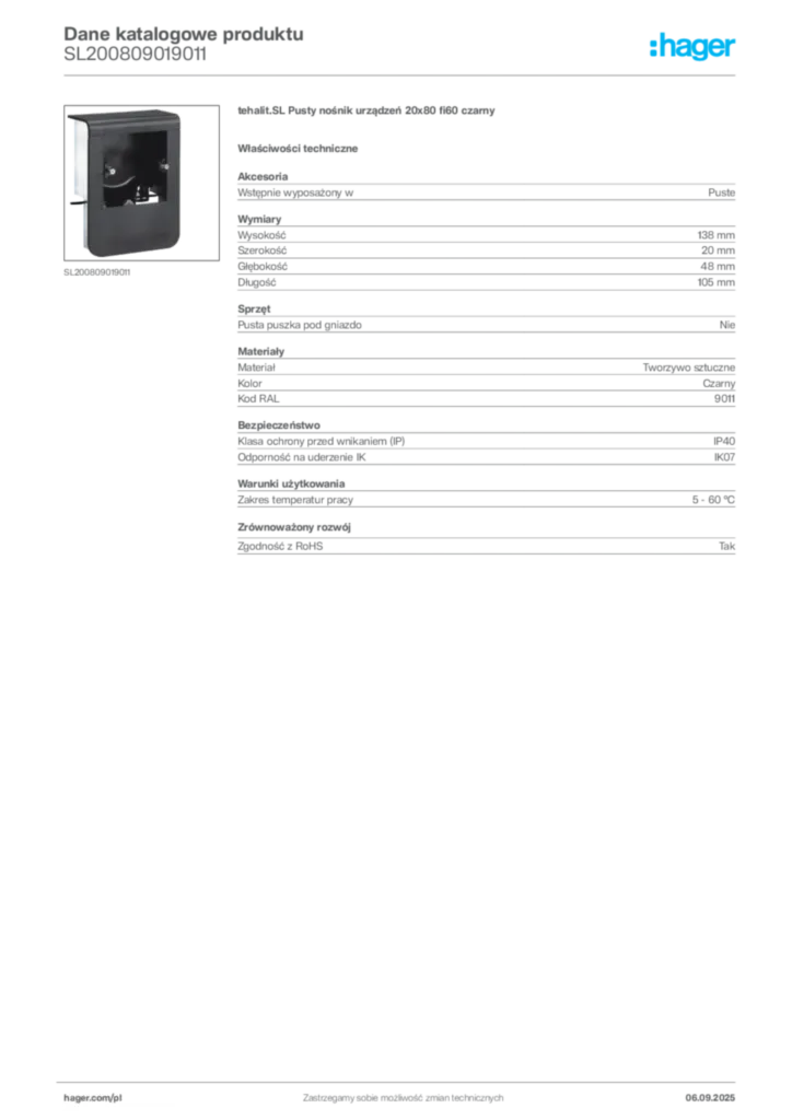 Zdjęcie Hager Dane katalogowe produktu SL200809019011 | Hager Polska