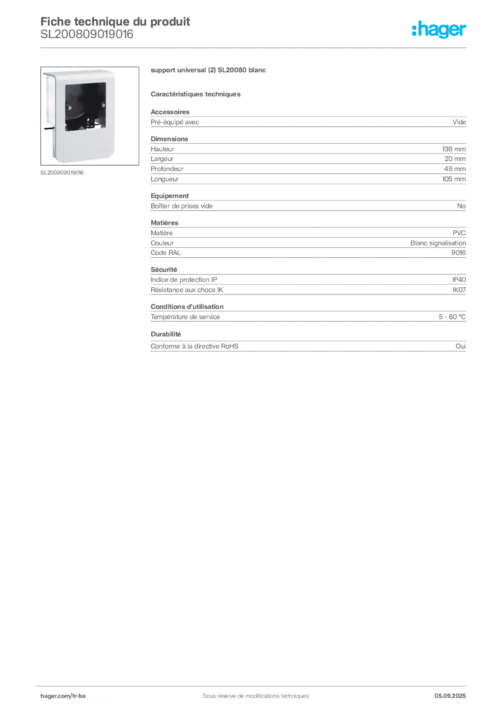 Image Hager Fiche technique du produit SL200809019016 | Hager Belgique