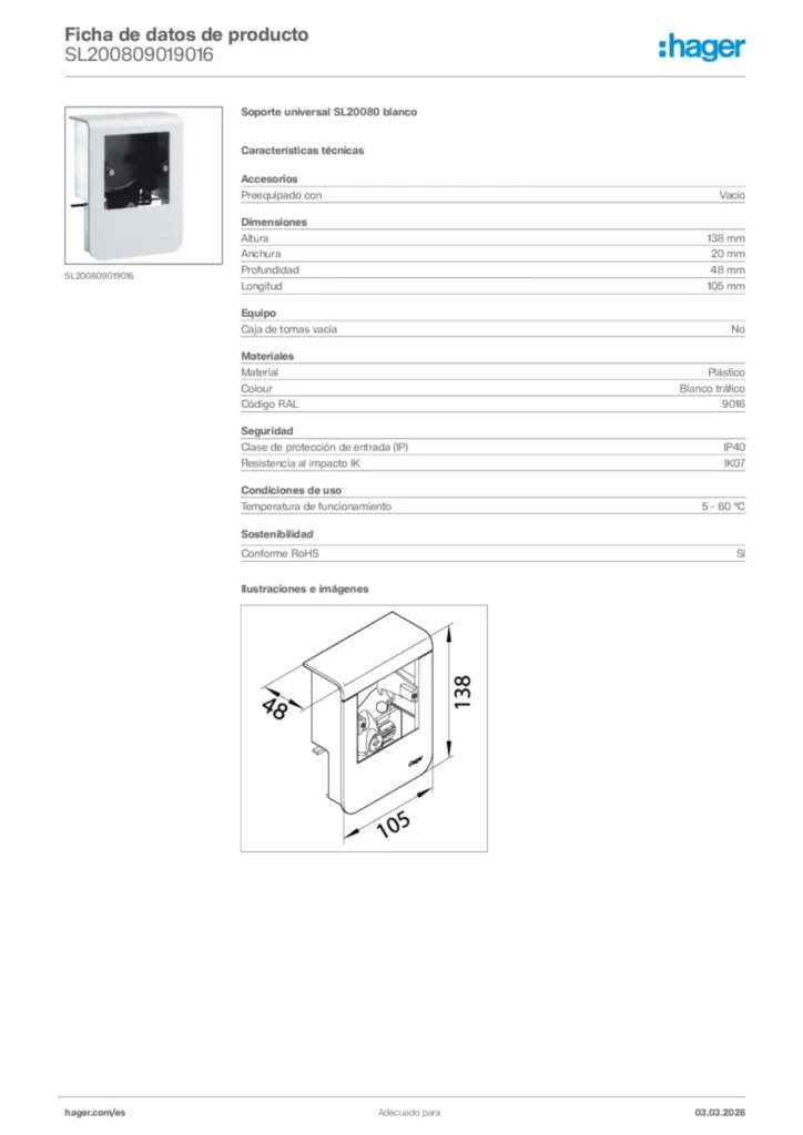 Imagen Hager Ficha de datos de producto SL200809019016 | Hager España