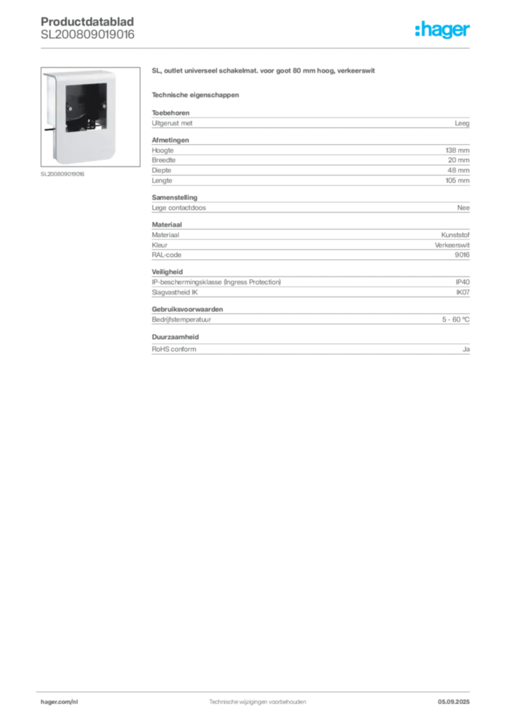 Afbeelding Hager Productdatablad SL200809019016 | Hager Nederland