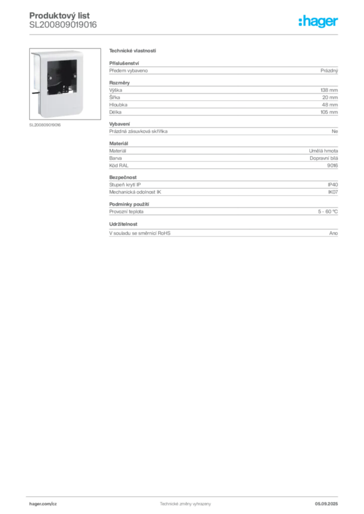 Obrázek Hager Produktový list SL200809019016 | Hager