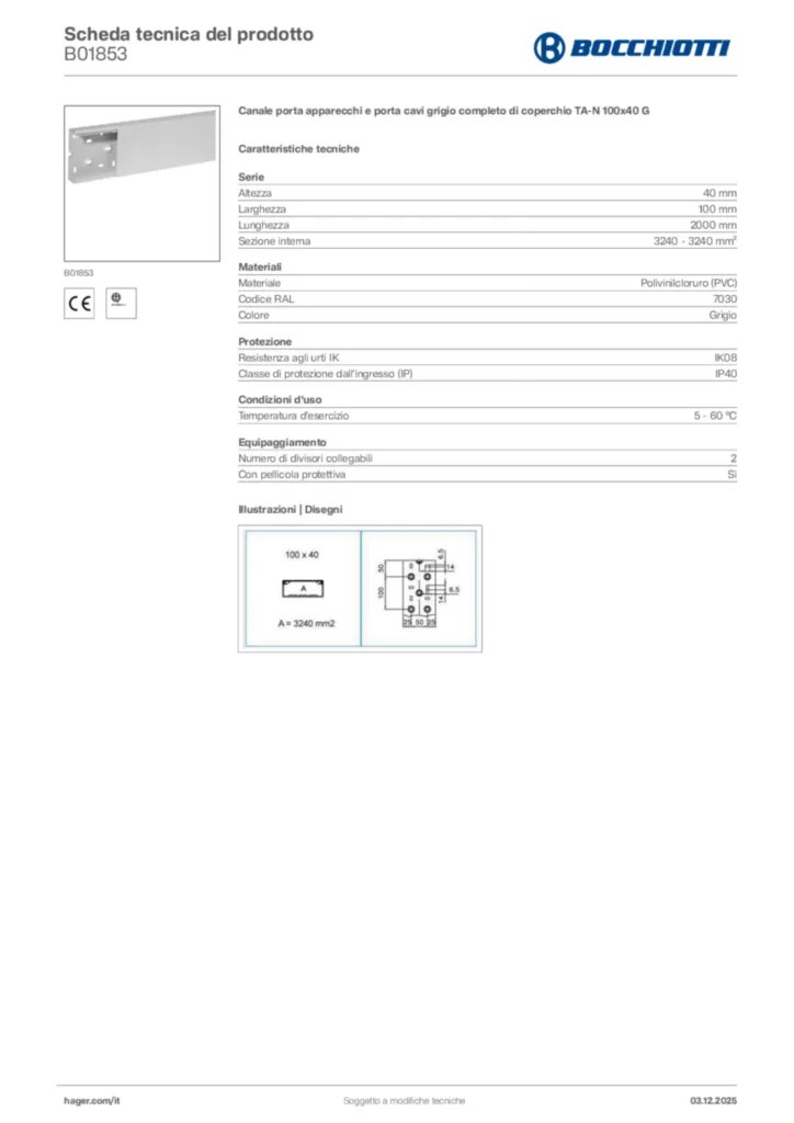 Immagine Bocchiotti Scheda tecnica del prodotto B01853 | Hager Italia
