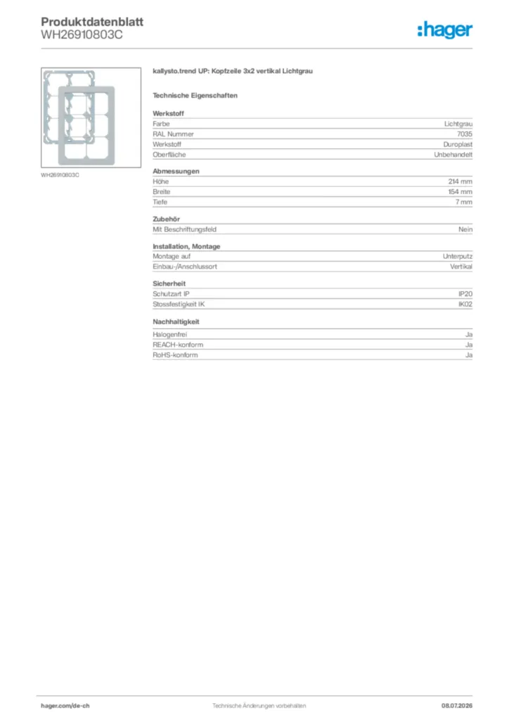 Bild Hager Produktdatenblatt WH26910803C | Hager Schweiz