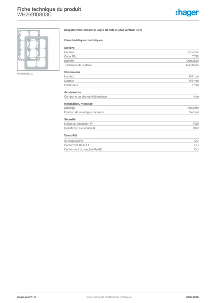 Image Hager Fiche technique du produit WH26910803C | Hager Suisse