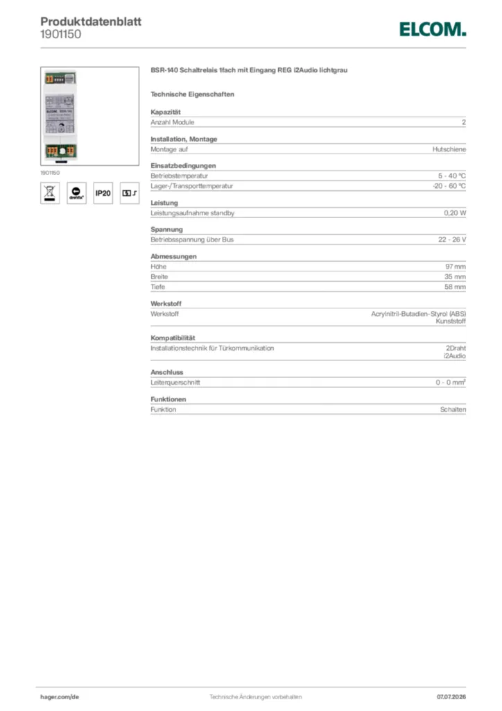 Bild Elcom Produktdatenblatt 1901150 | Hager Deutschland