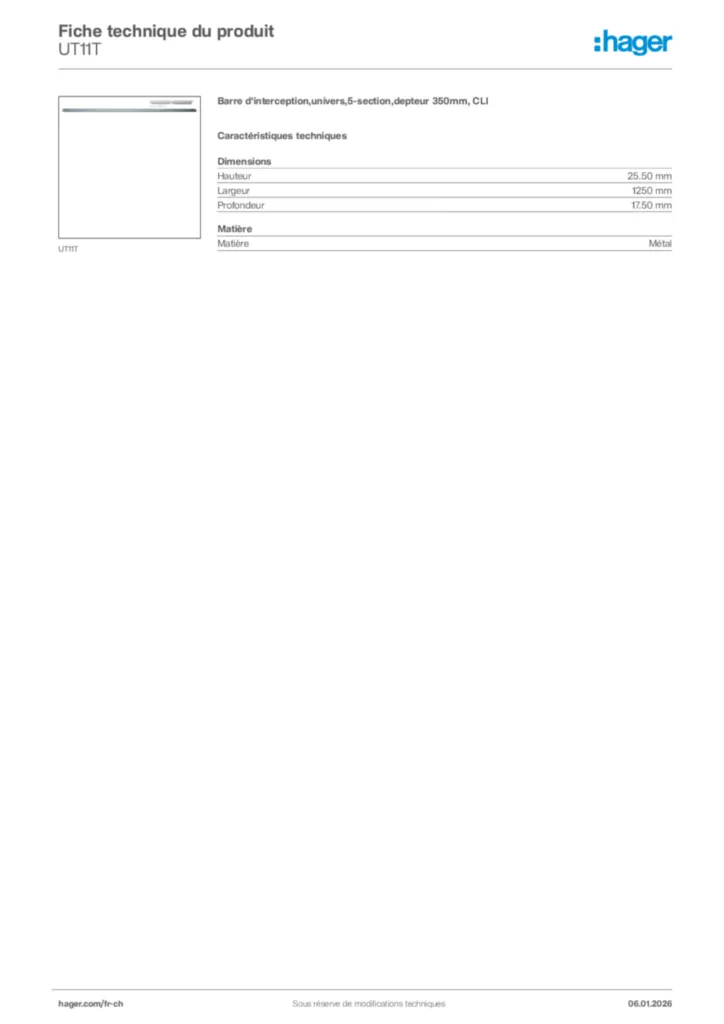 Image Hager Fiche technique du produit UT11T | Hager Suisse