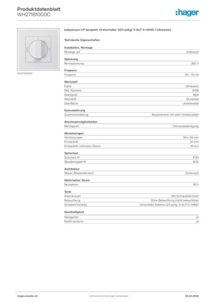 Bild Hager Produktdatenblatt WH27181000C | Hager Schweiz