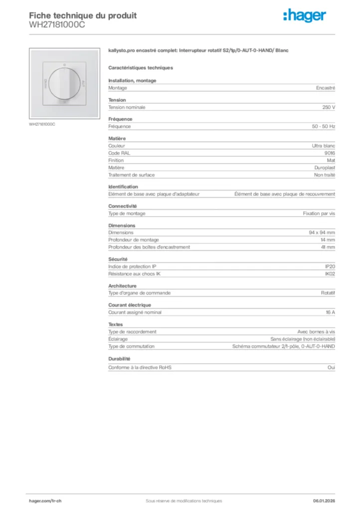 Image Hager Fiche technique du produit WH27181000C | Hager Suisse