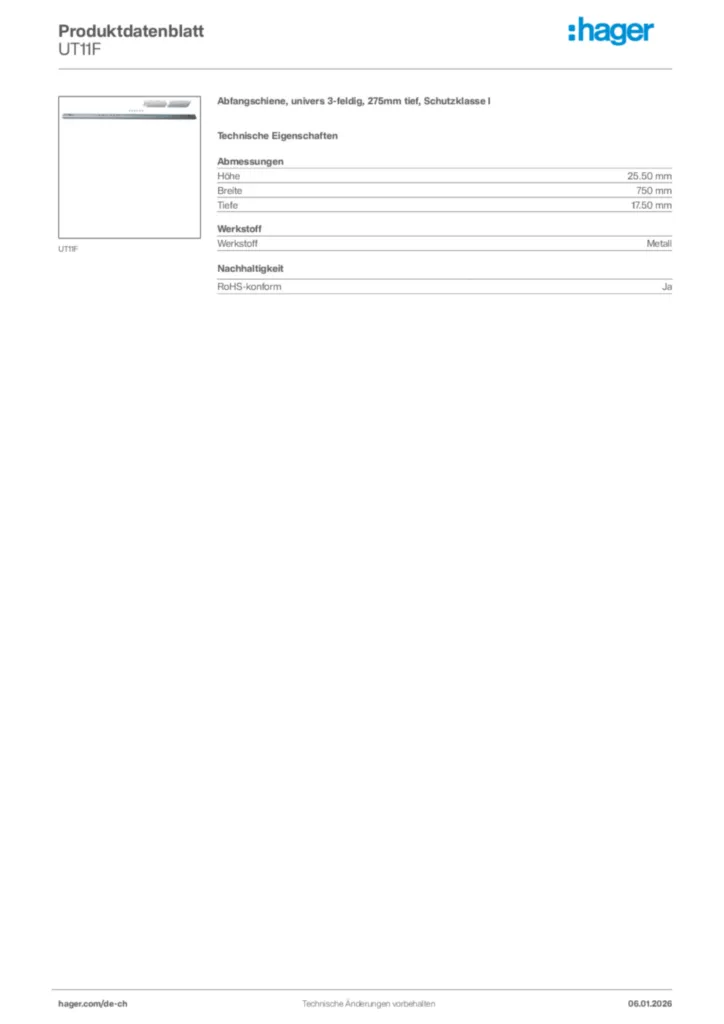 Bild Hager Produktdatenblatt UT11F | Hager Schweiz