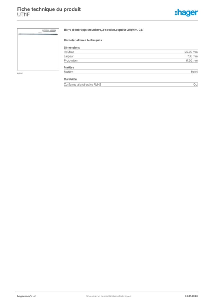 Image Hager Fiche technique du produit UT11F | Hager Suisse