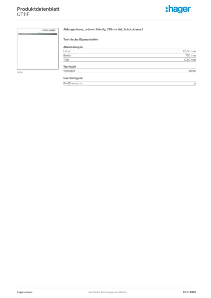 Bild Hager Produktdatenblatt UT11F | Hager Deutschland