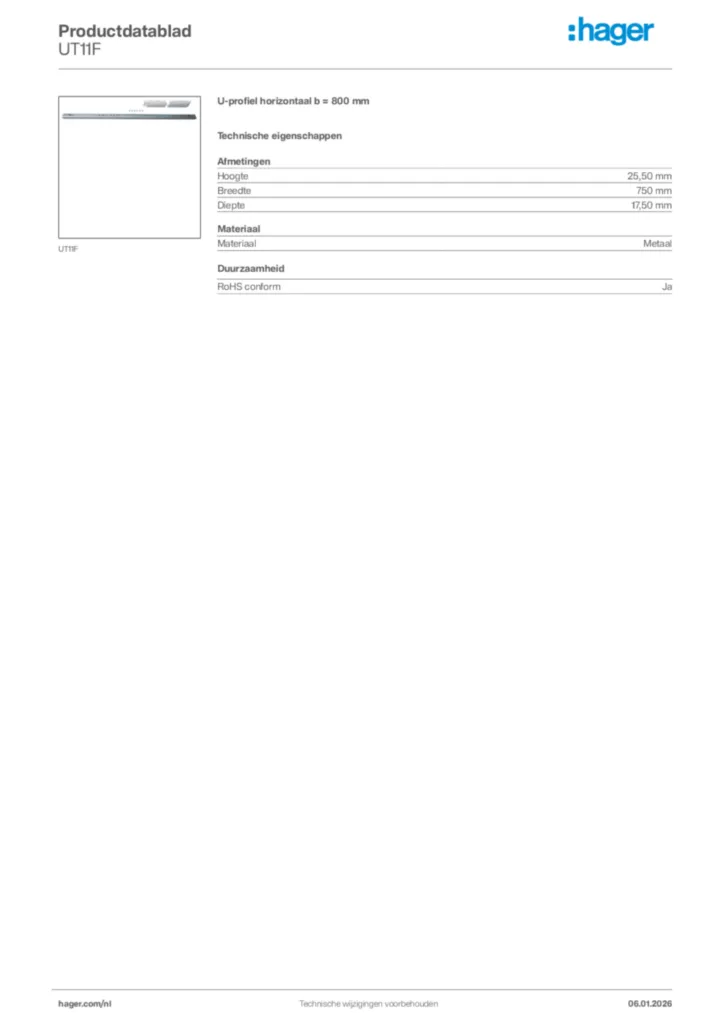Afbeelding Hager Productdatablad UT11F | Hager Nederland