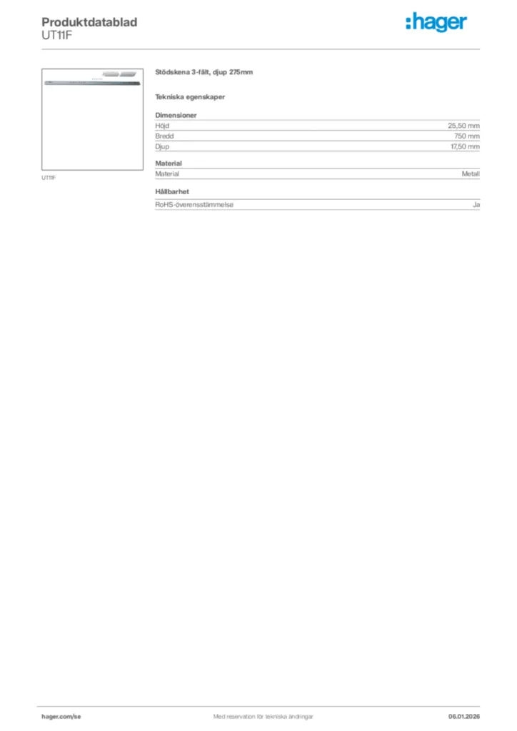 Bild Hager Produktdatablad UT11F | Hager Sverige