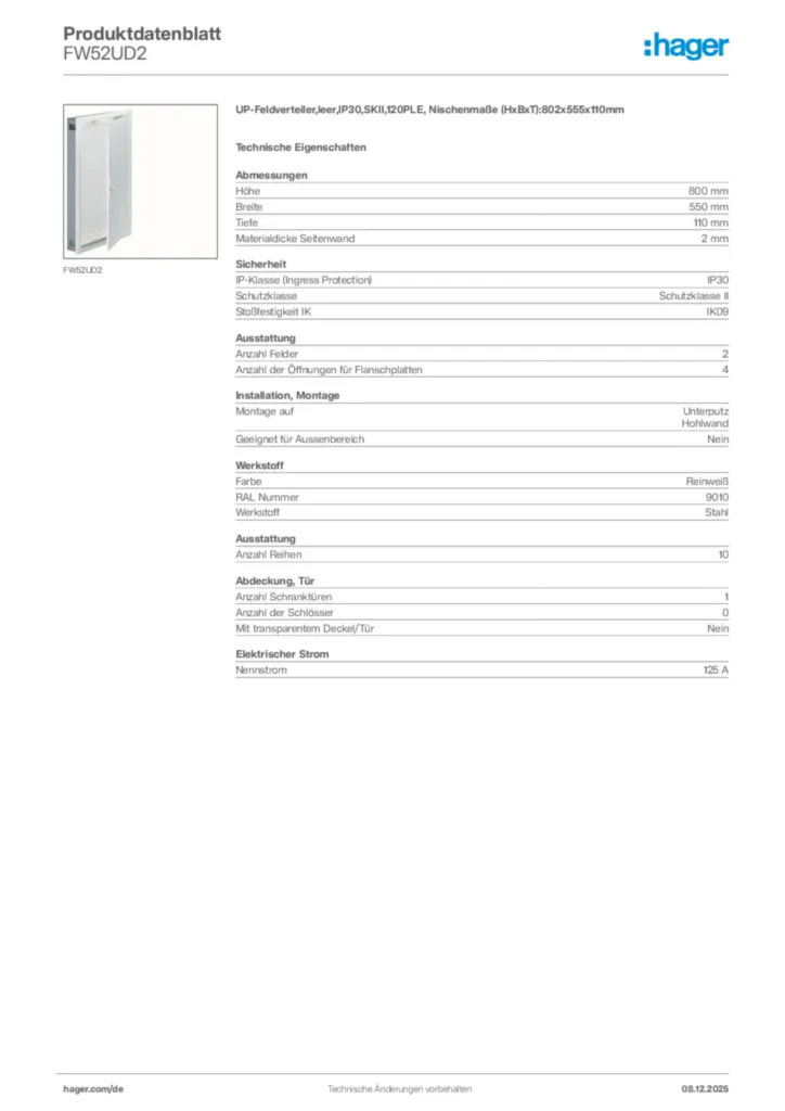 Bild Hager Produktdatenblatt FW52UD2 | Hager Deutschland