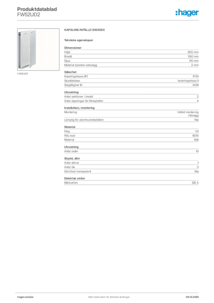 Bild Hager Produktdatablad FW52UD2 | Hager Sverige