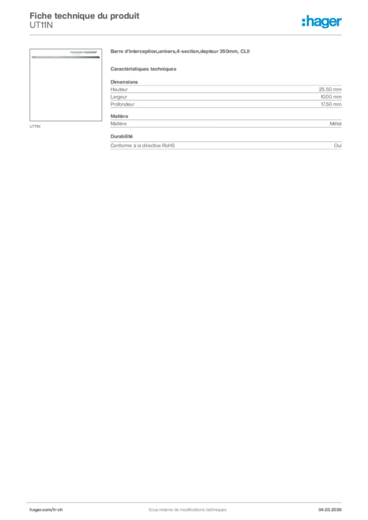 Image Hager Fiche technique du produit UT11N | Hager Suisse