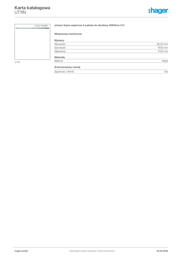 Zdjęcie Hager Karta katalogowa UT11N | Hager Polska