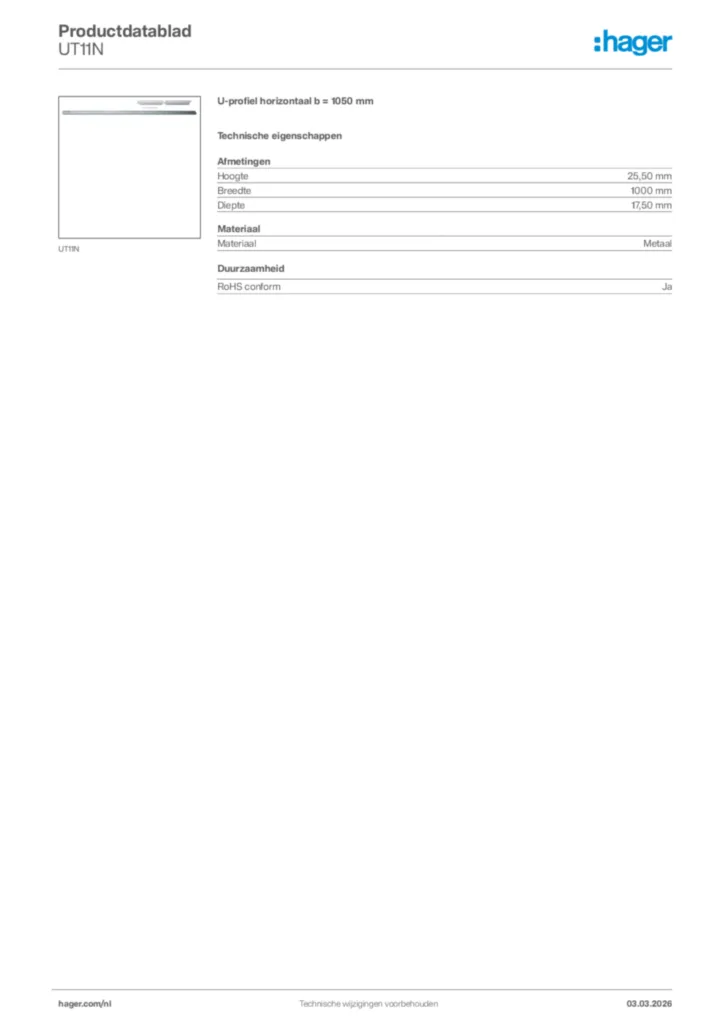 Afbeelding Hager Productdatablad UT11N | Hager Nederland