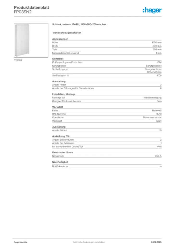 Bild Hager Produktdatenblatt FP03SN2 | Hager Deutschland