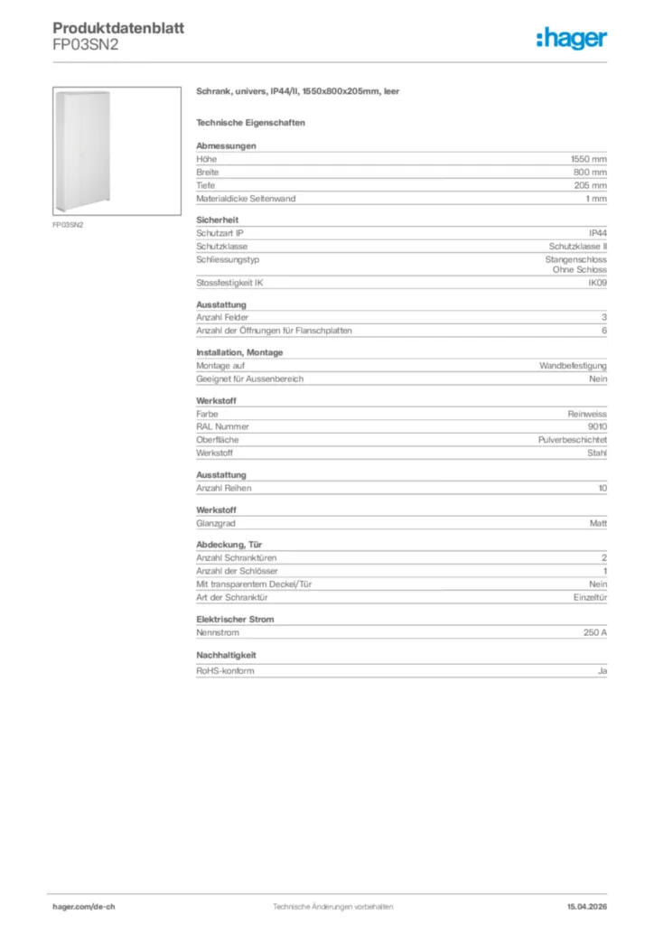 Bild Hager Produktdatenblatt FP03SN2 | Hager Schweiz