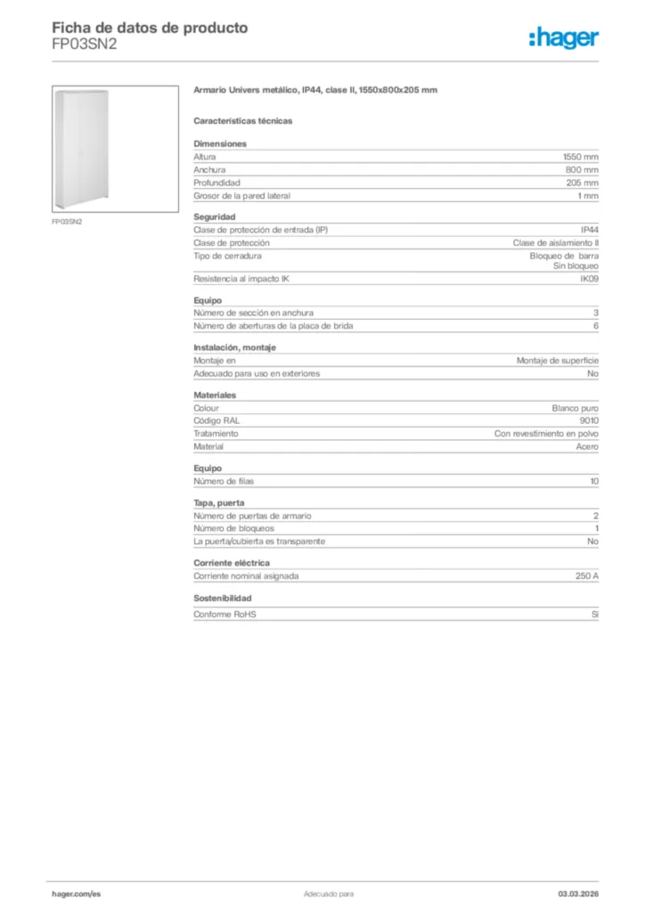 Imagen Hager Ficha de datos de producto FP03SN2 | Hager España