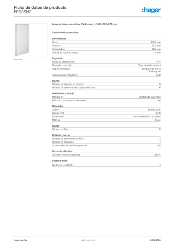 Imagen Hager Ficha de datos de producto FP03SN2 | Hager España