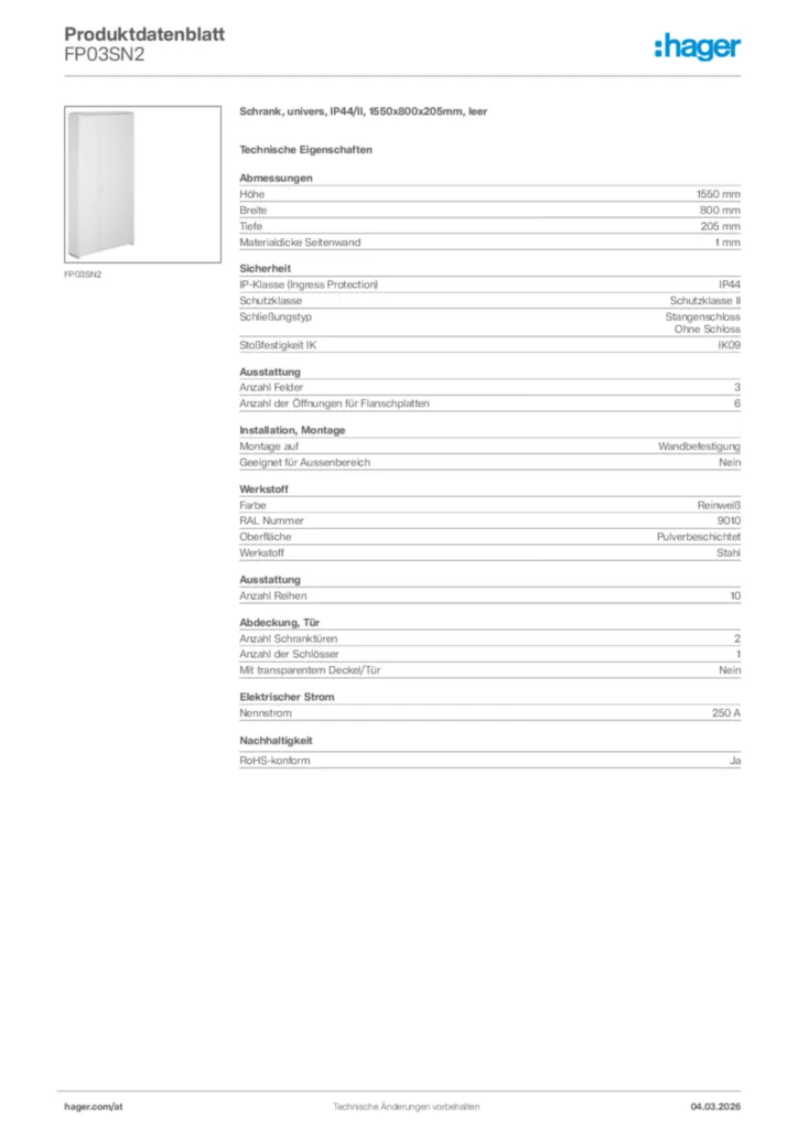 Bild Hager Produktdatenblatt FP03SN2 | Hager Deutschland