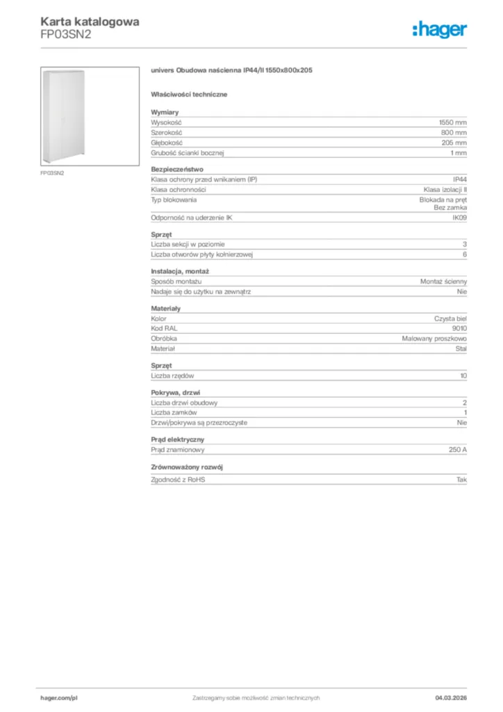 Zdjęcie Hager Karta katalogowa FP03SN2 | Hager Polska