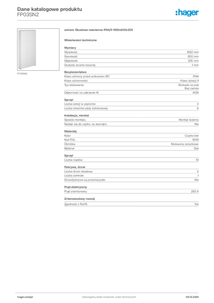Zdjęcie Hager Karta katalogowa FP03SN2 | Hager Polska