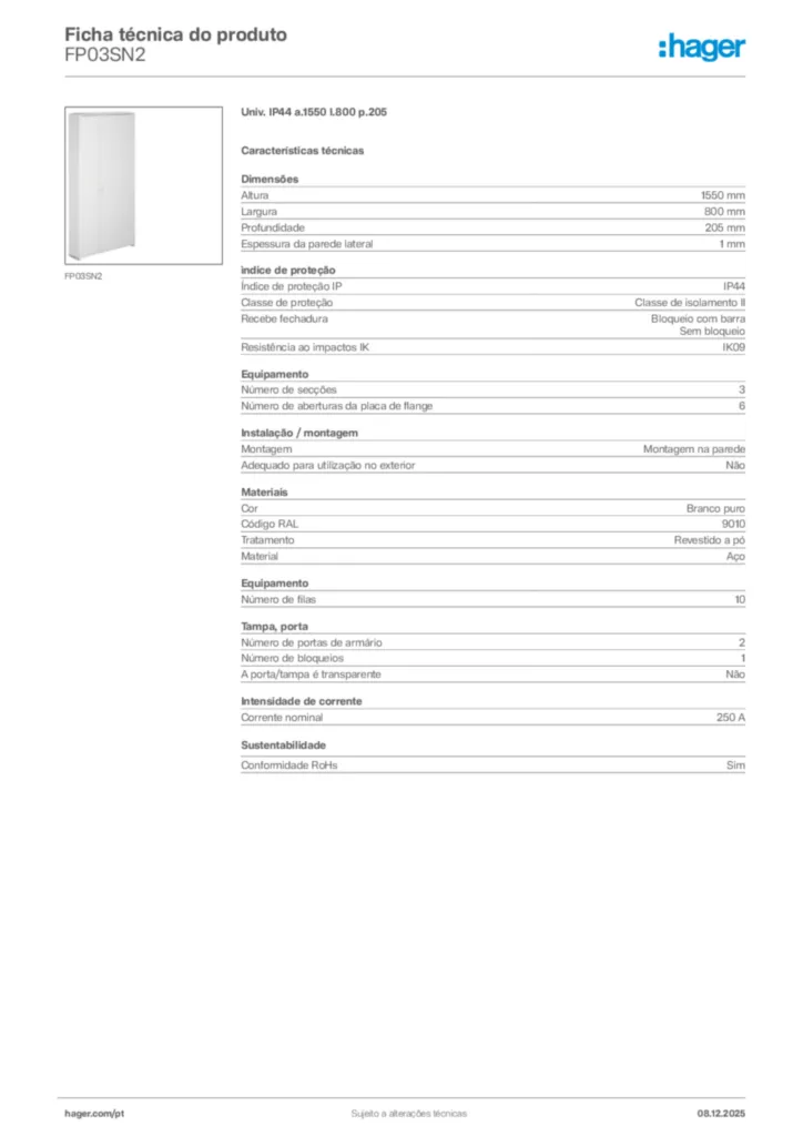 Imagem Hager Ficha técnica do produto FP03SN2 | Hager Portugal