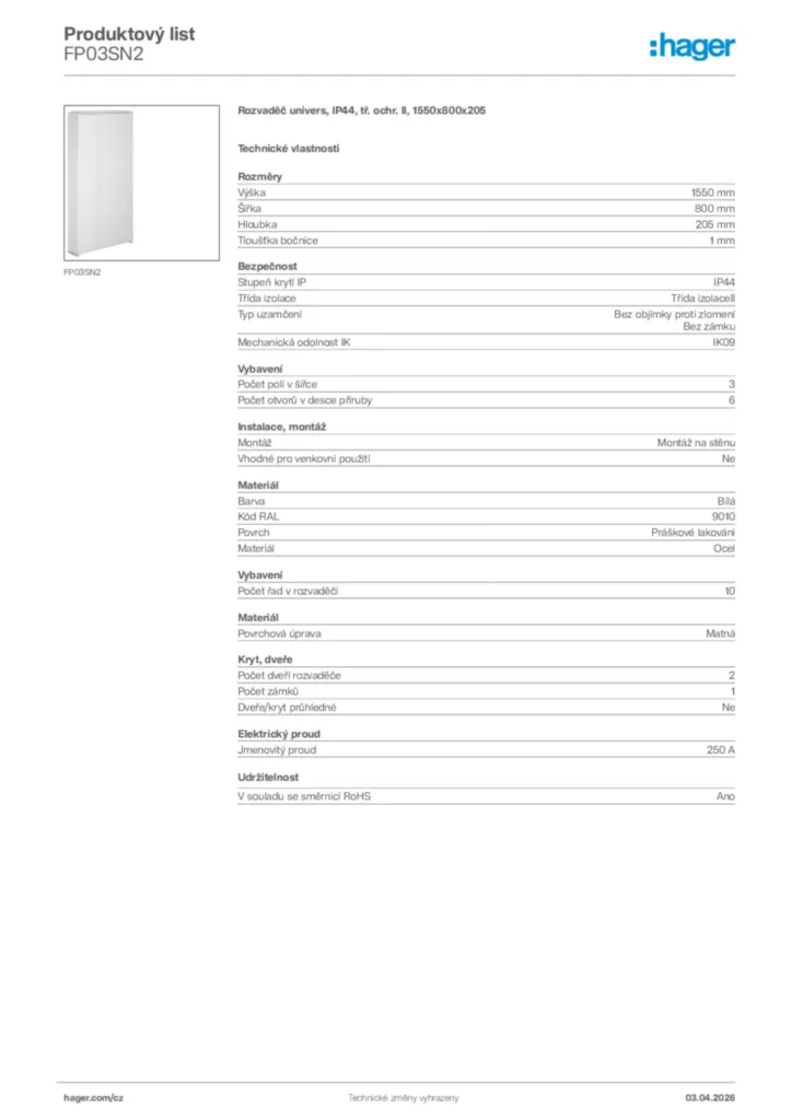 Obrázek Hager Product data sheet FP03SN2 | Hager