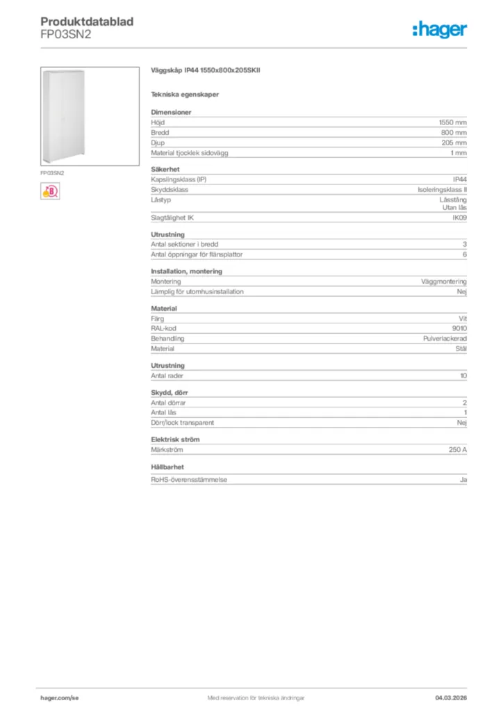 Bild Hager Produktdatablad FP03SN2 | Hager Sverige