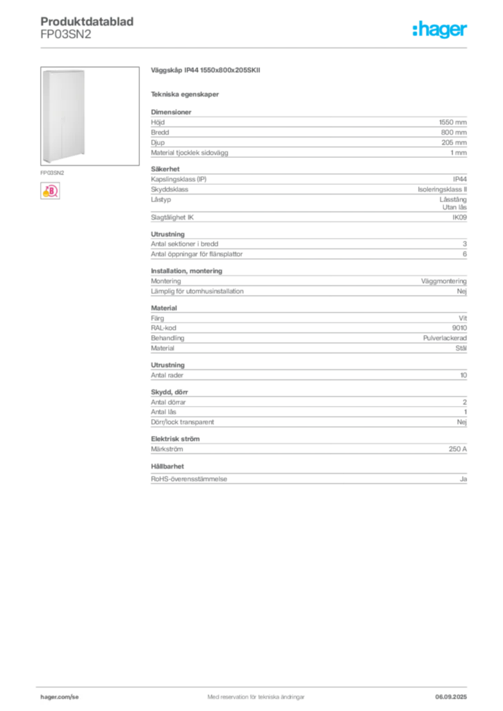 Bild Hager Produktdatablad FP03SN2 | Hager Sverige