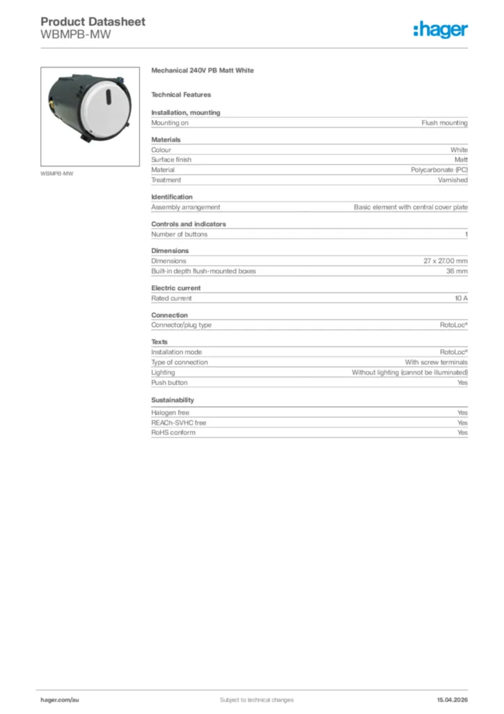Image Hager Product data sheet WBMPB-MW  | Hager Australia
