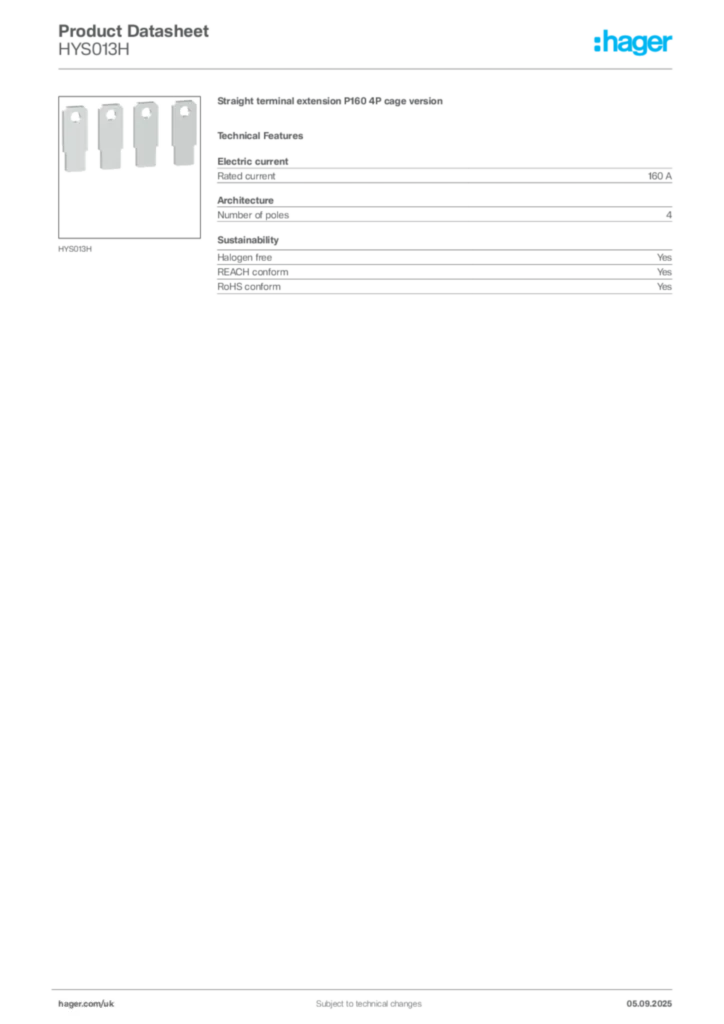 Image Hager Product data sheet HYS013H  | Hager