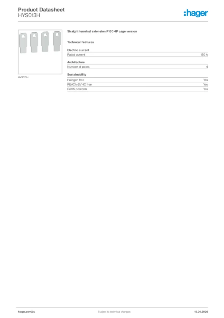 Image Hager Product data sheet HYS013H  | Hager Australia