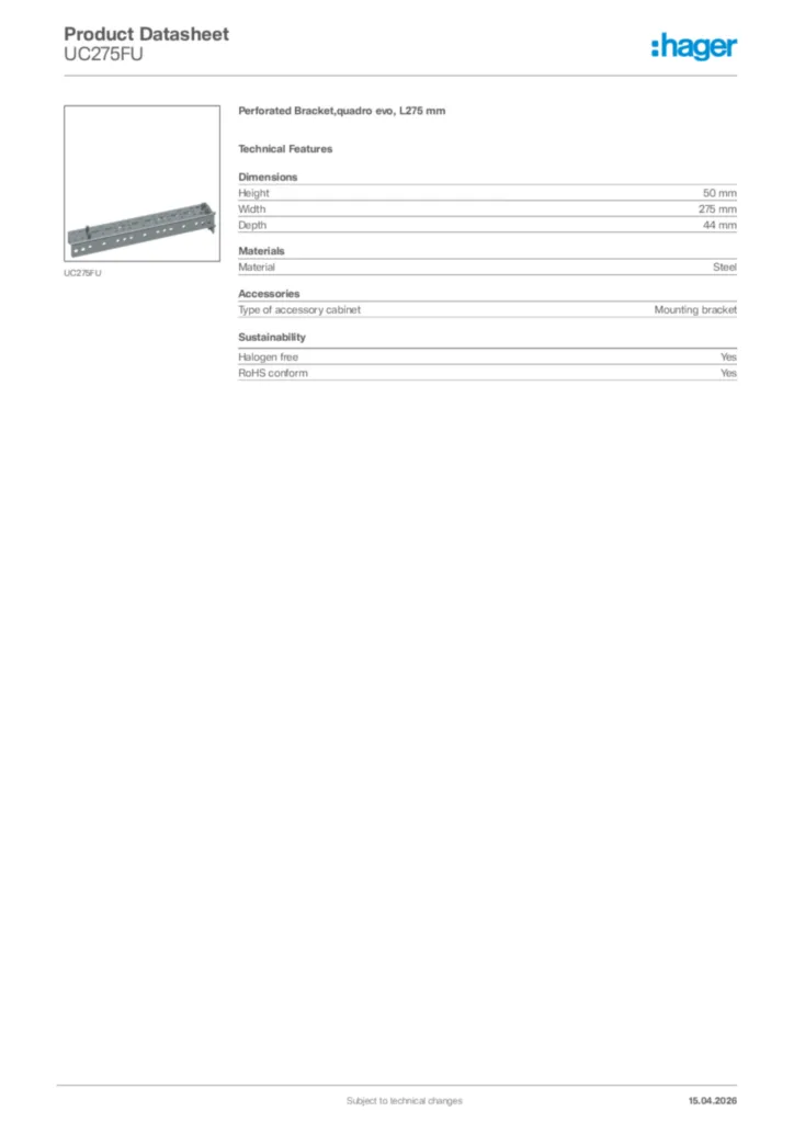 Image Hager Product data sheet UC275FU  | Hager Africa