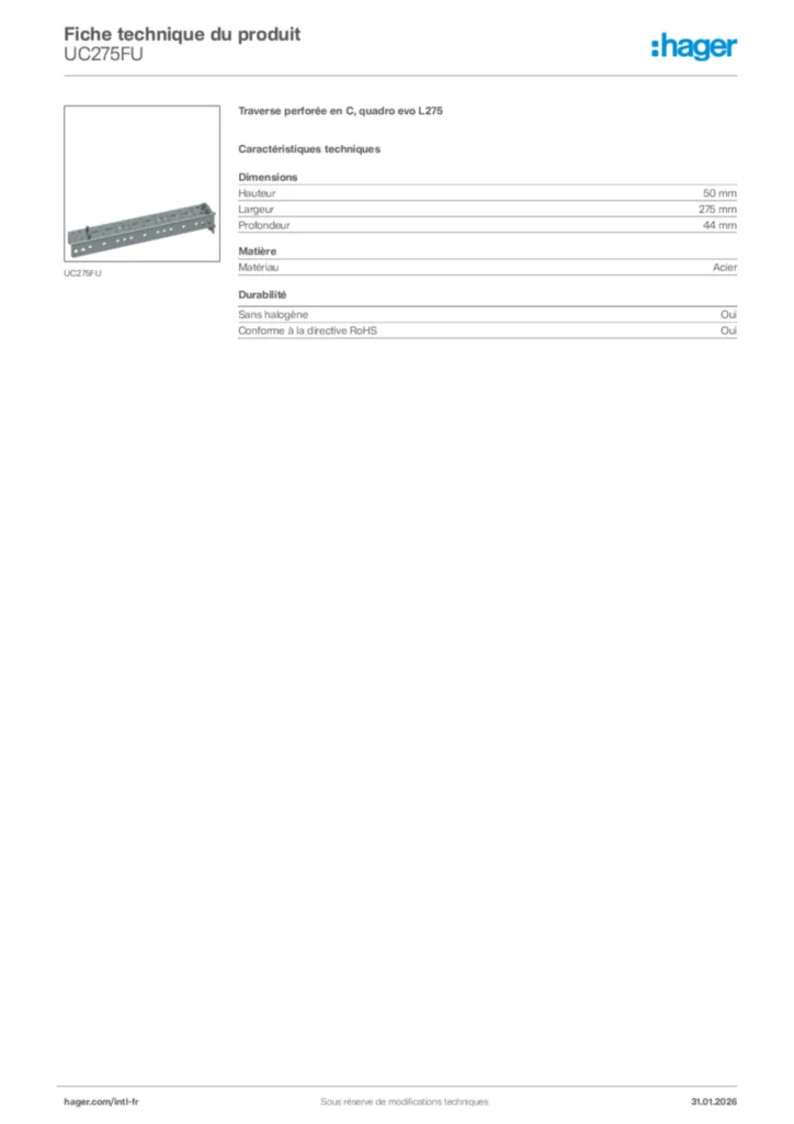 Image Hager Fiche technique du produit UC275FU | Hager Afrique