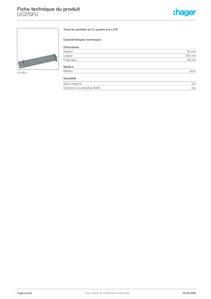 Image Hager Fiche technique du produit UC275FU | Hager France