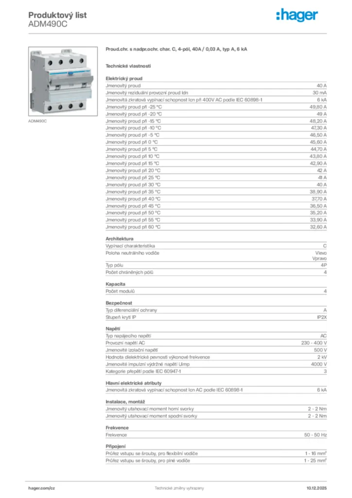 Obrázek Hager Produktový list ADM490C | Hager