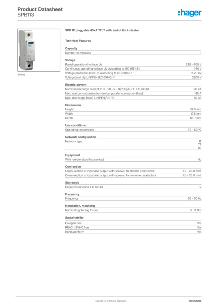 Image Hager Product data sheet SPB113  | Hager Africa