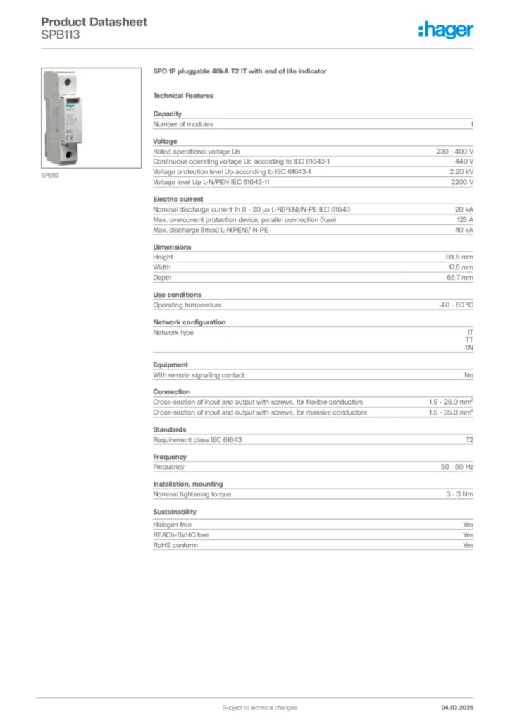 Image Hager Product data sheet SPB113  | Hager Africa