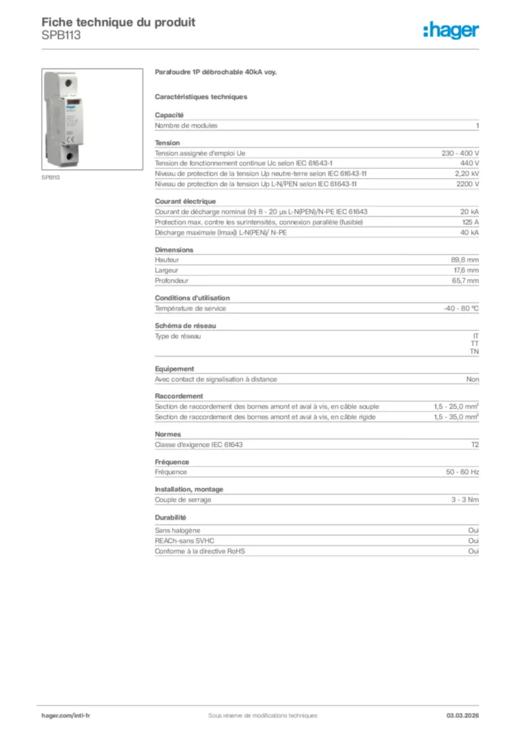 Image Hager Fiche technique du produit SPB113 | Hager Afrique