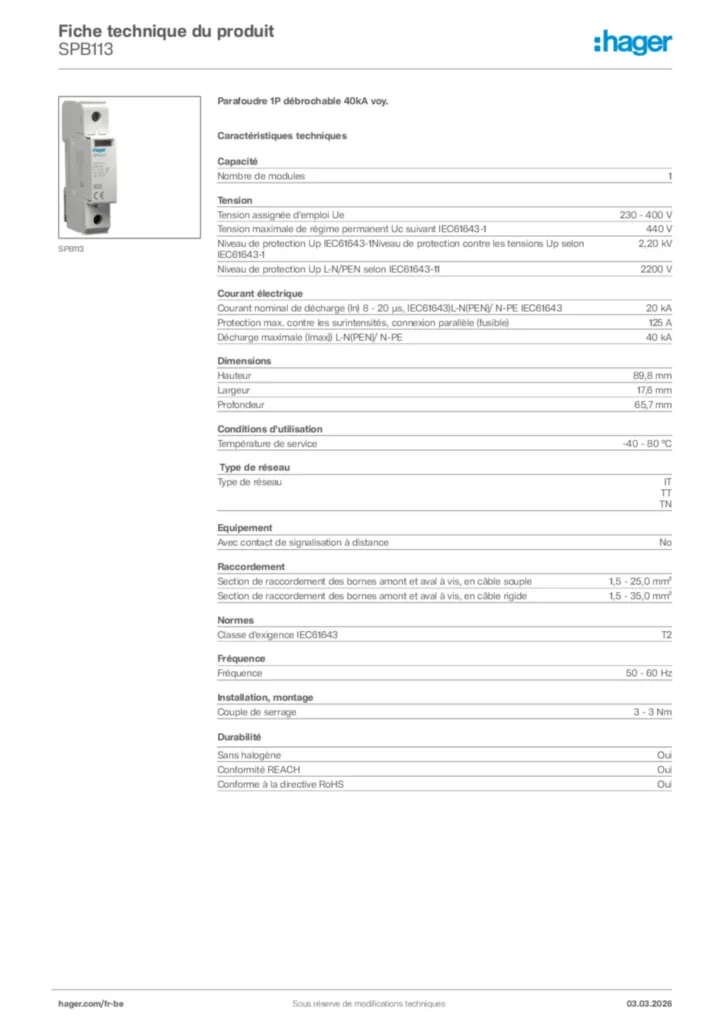 Image Hager Fiche technique du produit SPB113 | Hager Belgique
