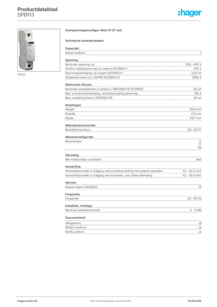 Afbeelding Hager Productdatablad SPB113 | Hager Belgium