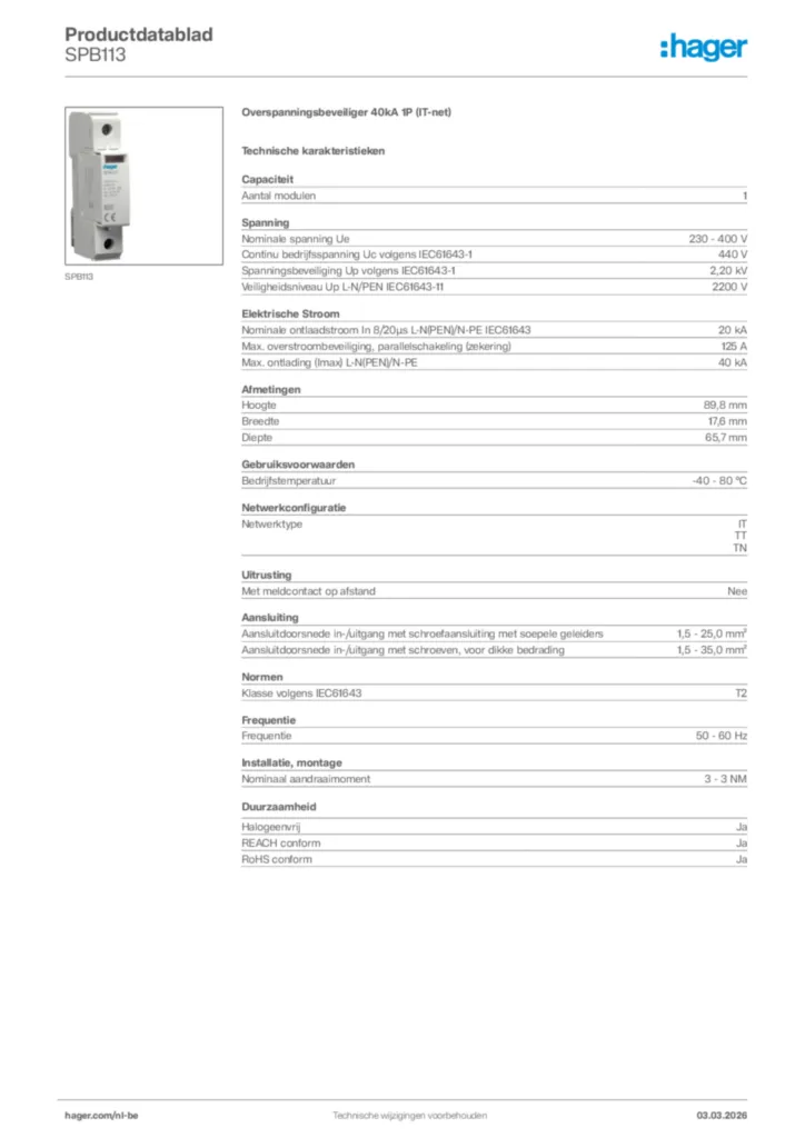Afbeelding Hager Productdatablad SPB113 | Hager Belgium