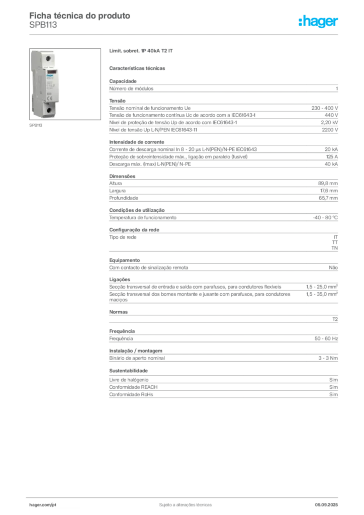 Imagem Hager Ficha técnica do produto SPB113 | Hager Portugal