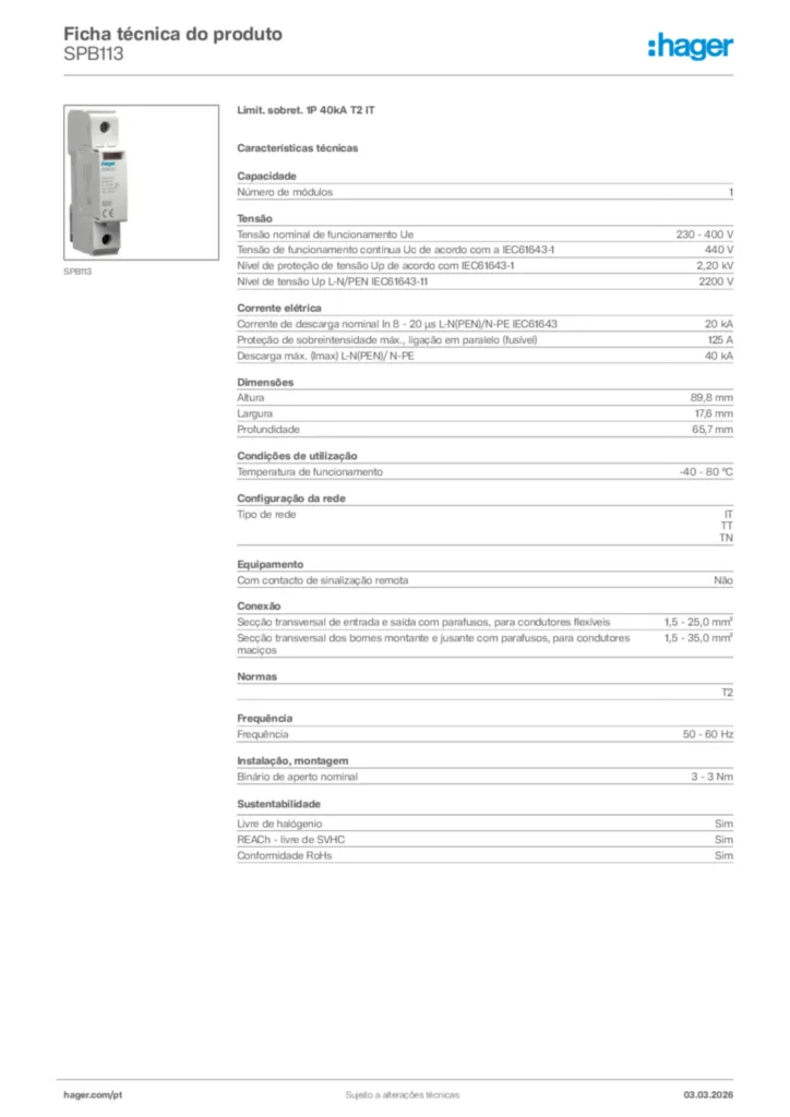 Imagem Hager Ficha técnica do produto SPB113 | Hager Portugal